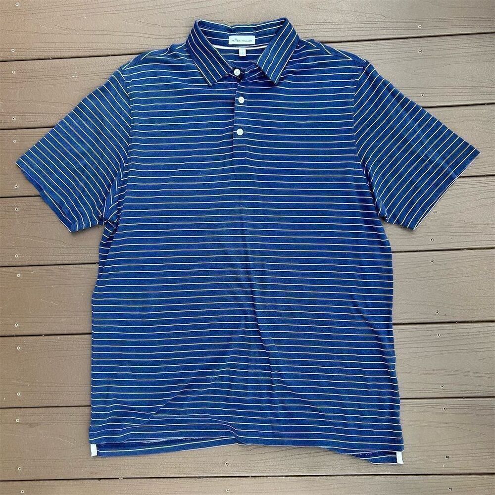 Peter Millar Men's Blue Striped Polo Shirt Size L Short Sleeve Casual